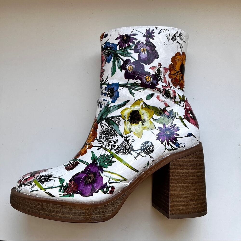 Unique custom floral foiled distressed look mid calf heeled ankle boots size 7